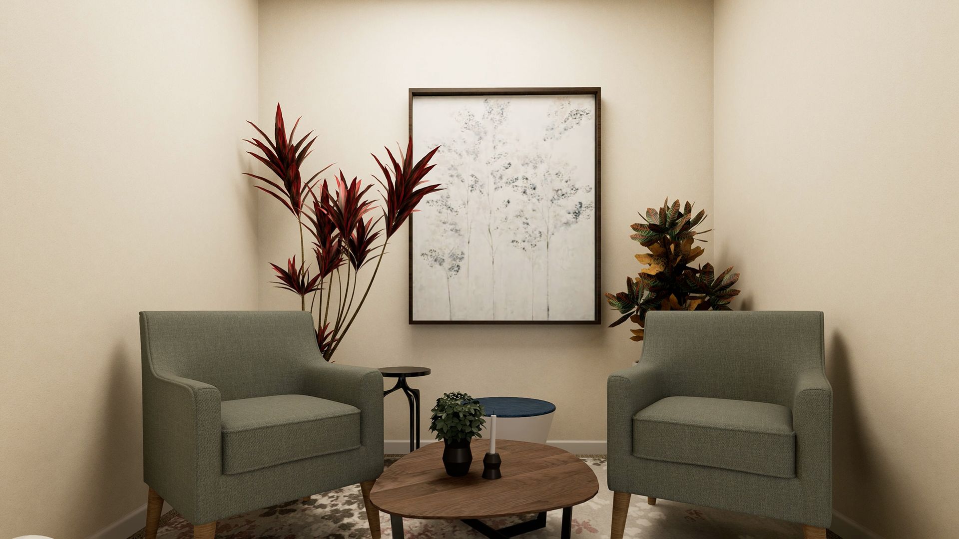 Two grey armchairs face each other around a wooden coffee table in a room with a large piece of abstract wall art.