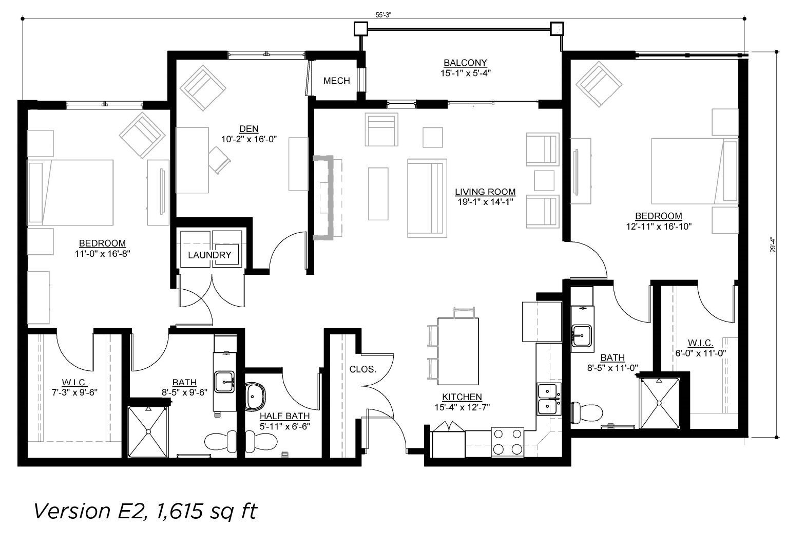 Floor plan for a residential unit labeled Version E2, featuring two bedrooms, two bathrooms, a living area, and a patio.
