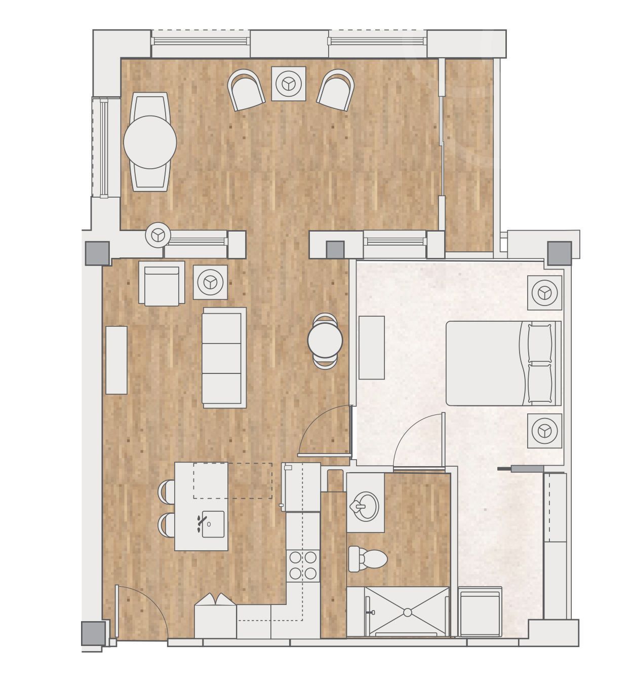 Top-down floor plan of a one-bedroom apartment with an open kitchen, living area, bedroom, and bathroom.