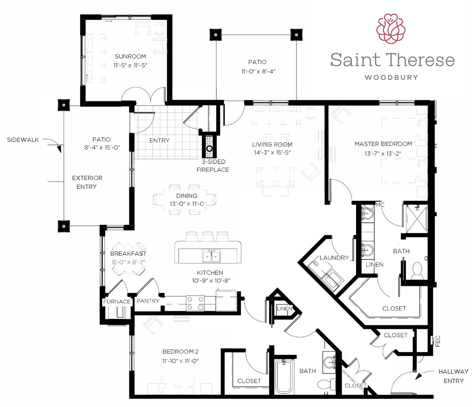 Floor plan for Saint Therese, showing a layout with a kitchen, living room, patio, three bedrooms, and three bathrooms.