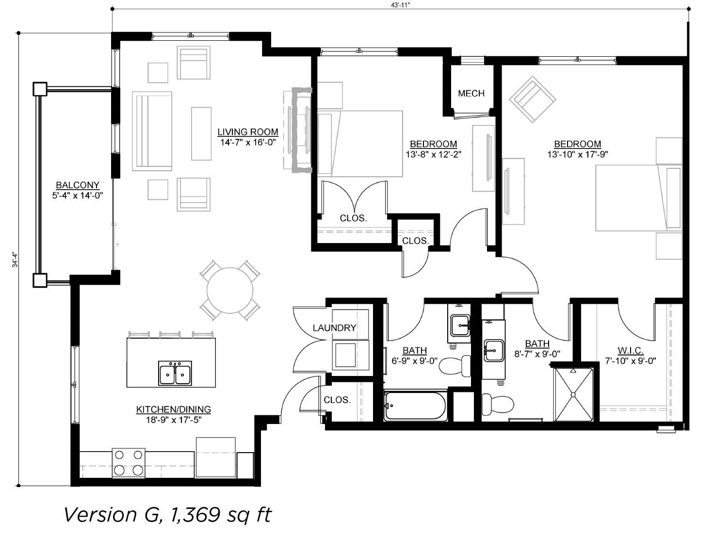 Floor plan for a 1,369-square-foot apartment showing a living room, kitchen, two bedrooms, two bathrooms, and a balcony.