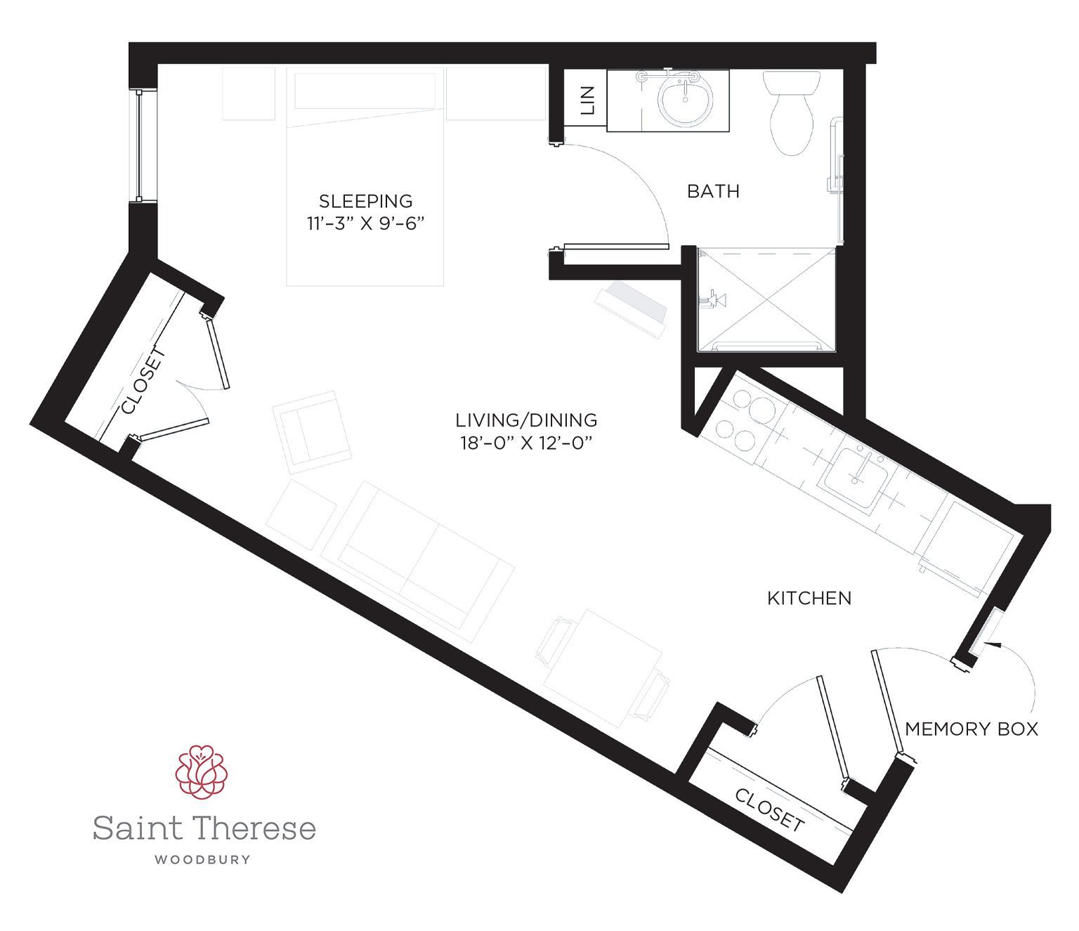 Floor plan for a Saint Therese apartment, featuring a bedroom, living/dining area, kitchen, bathroom, and closets.