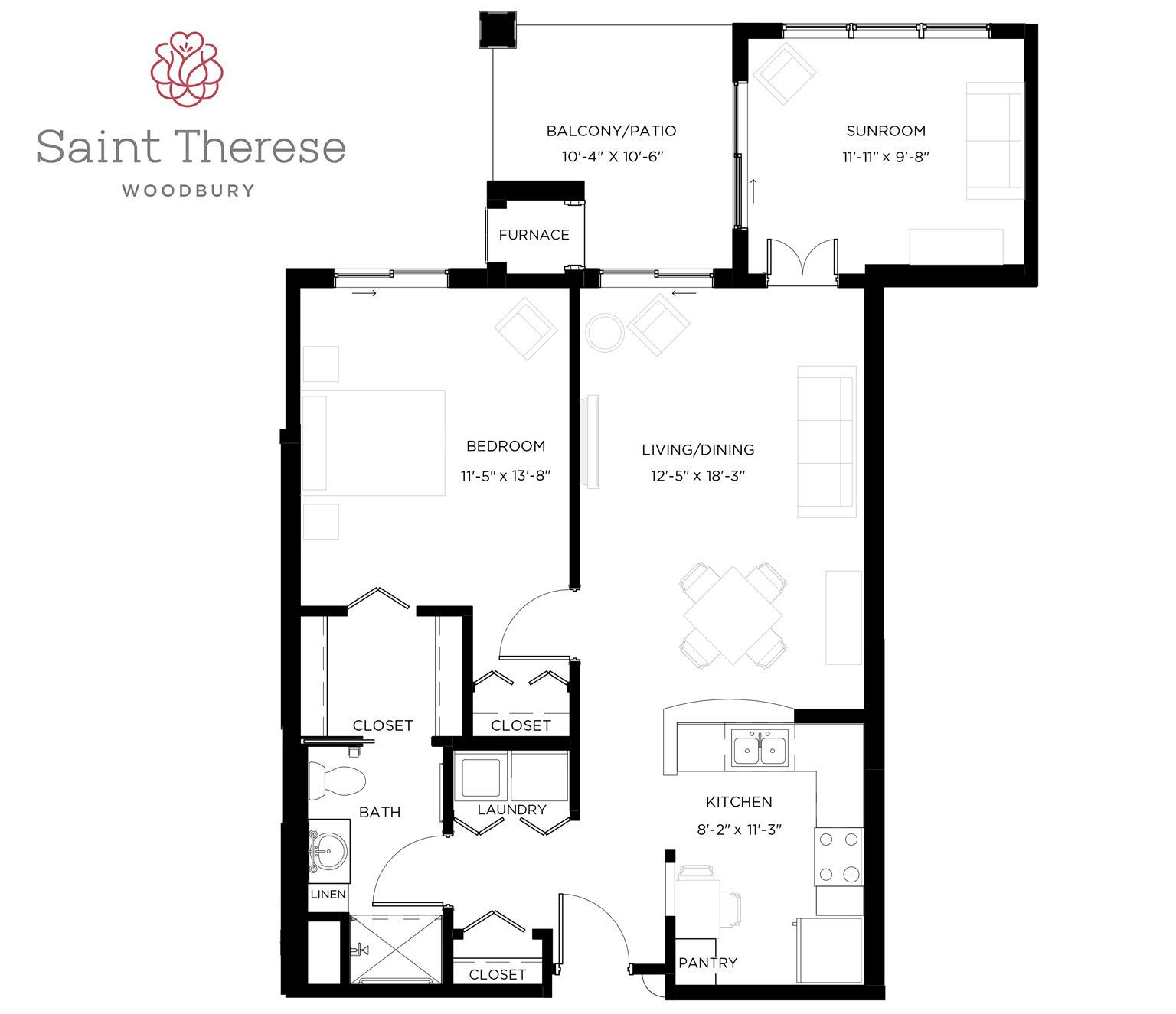 Floor plan of a one-bedroom apartment at Saint Therese Woodbury, showing a bedroom, living/dining area, kitchen, and bath.