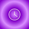 Un'icona di un orologio con linee bianche centrata su uno sfondo viola con gradiente radiale.