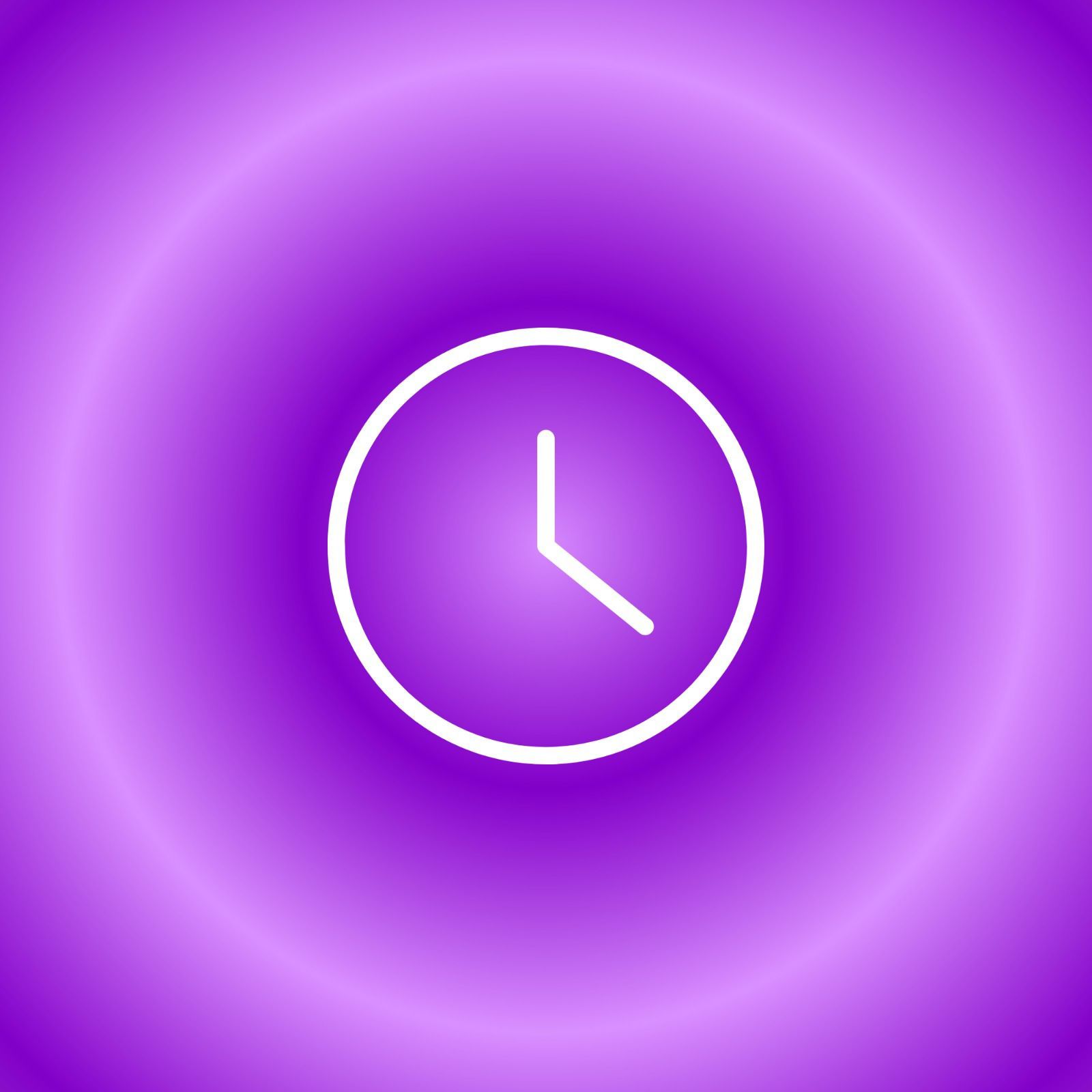 Un'icona di un orologio con linee bianche centrata su uno sfondo viola con gradiente radiale.