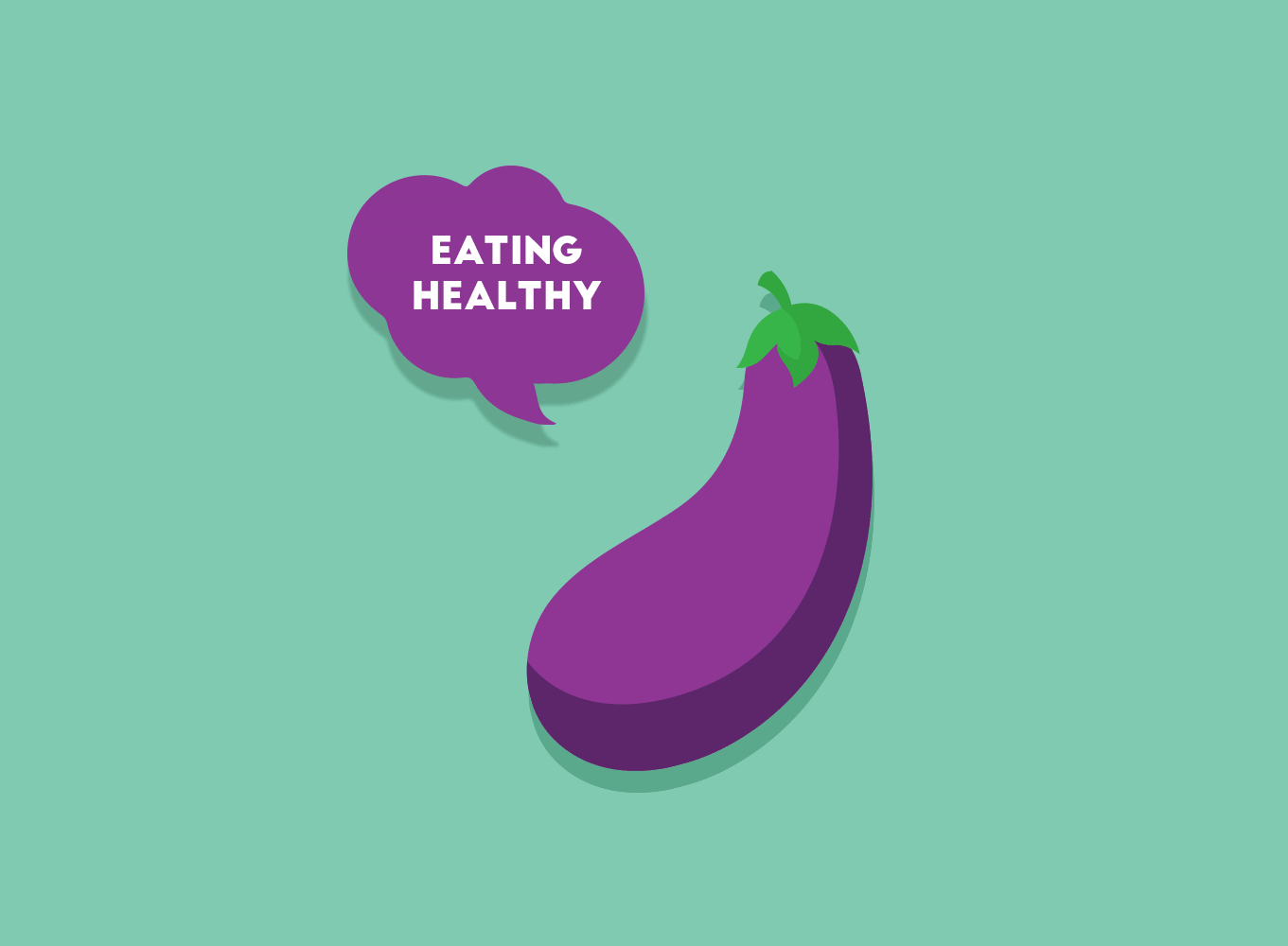 A purple eggplant with a speech bubble that says `` eating healthy ''.