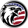 Circular eagle logo with stars and red stripes in black, white, and blue