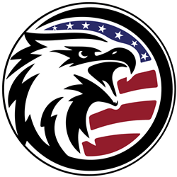 Bald eagle head with open beak, red/white stripes, blue stars, circular border.