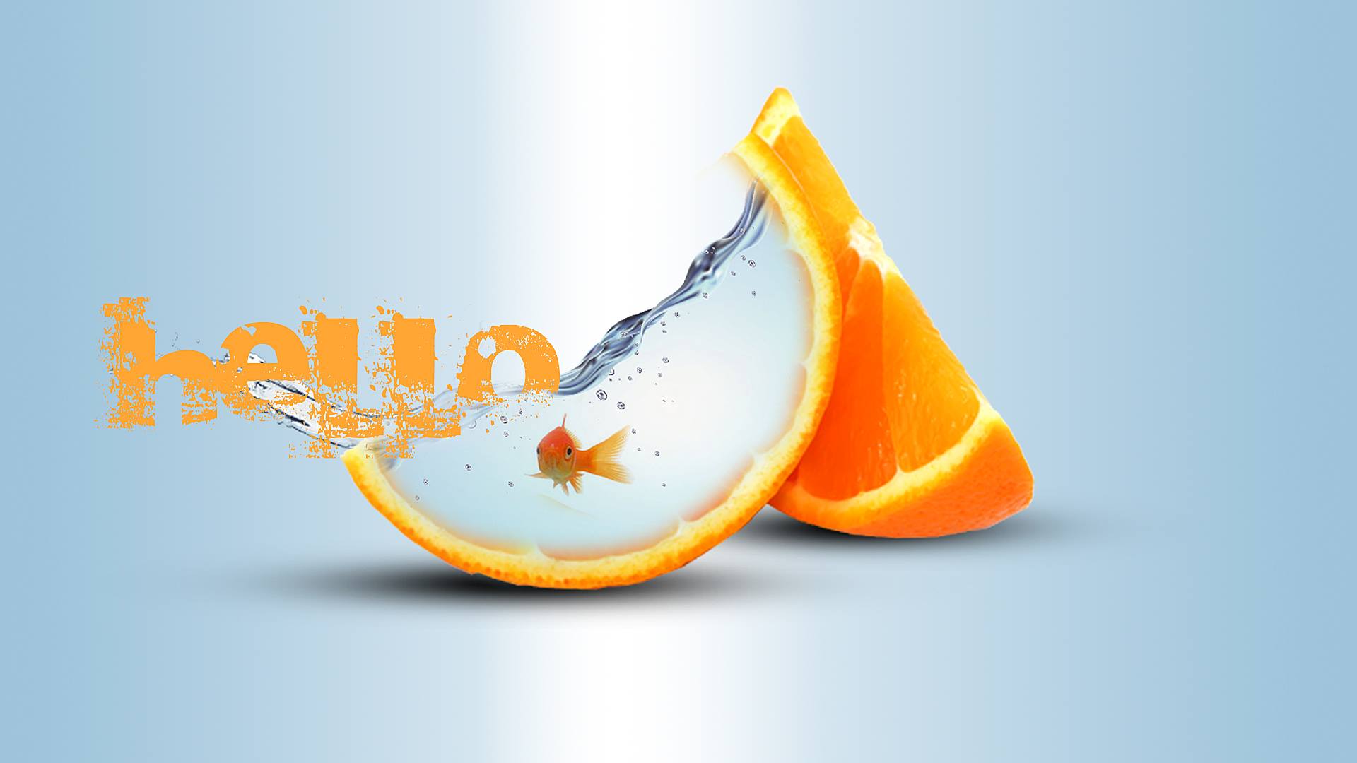 Orange slices with water and a goldfish; text 