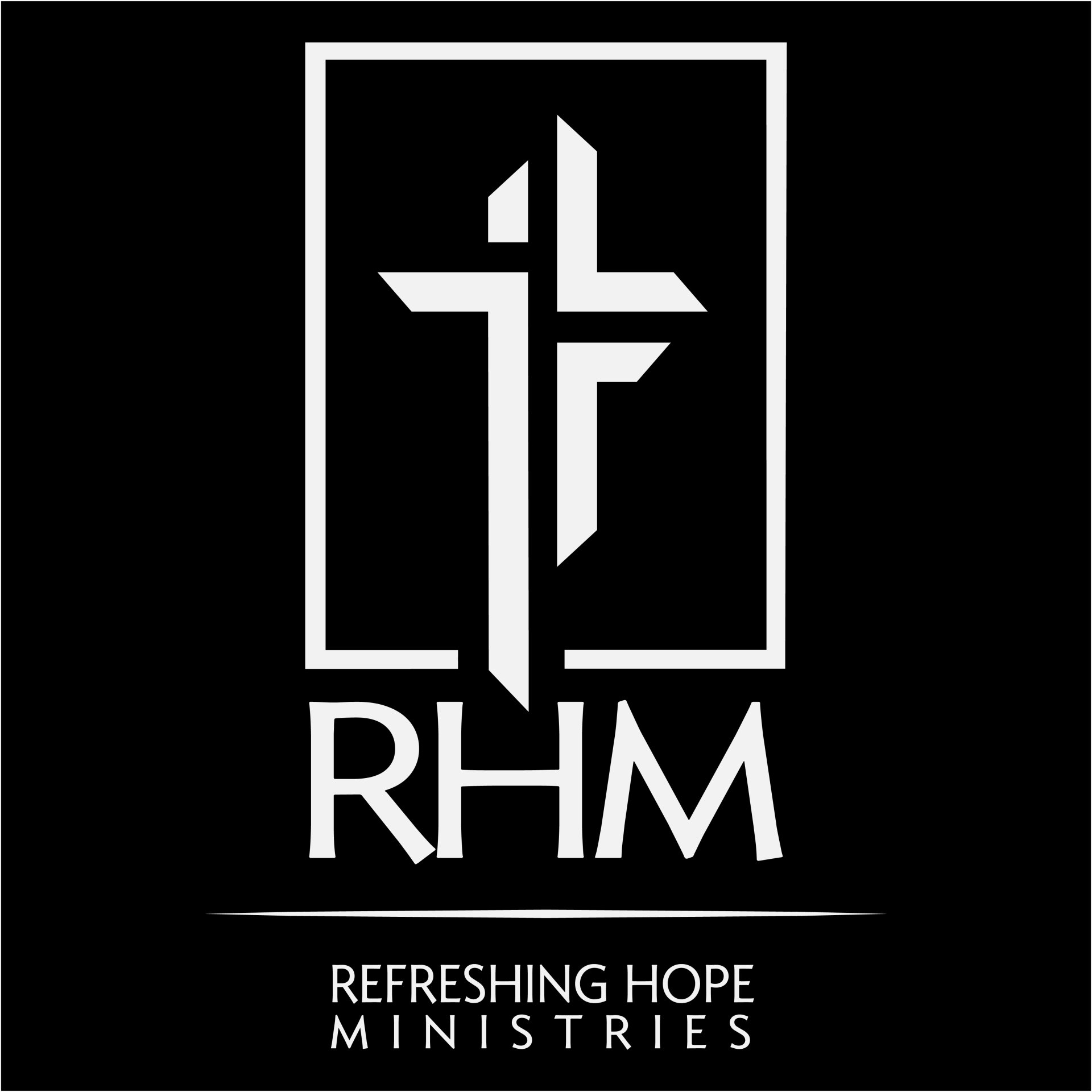 White church cross logo in a square, with “RHM” and “Refreshing Hope Ministries” on a black background