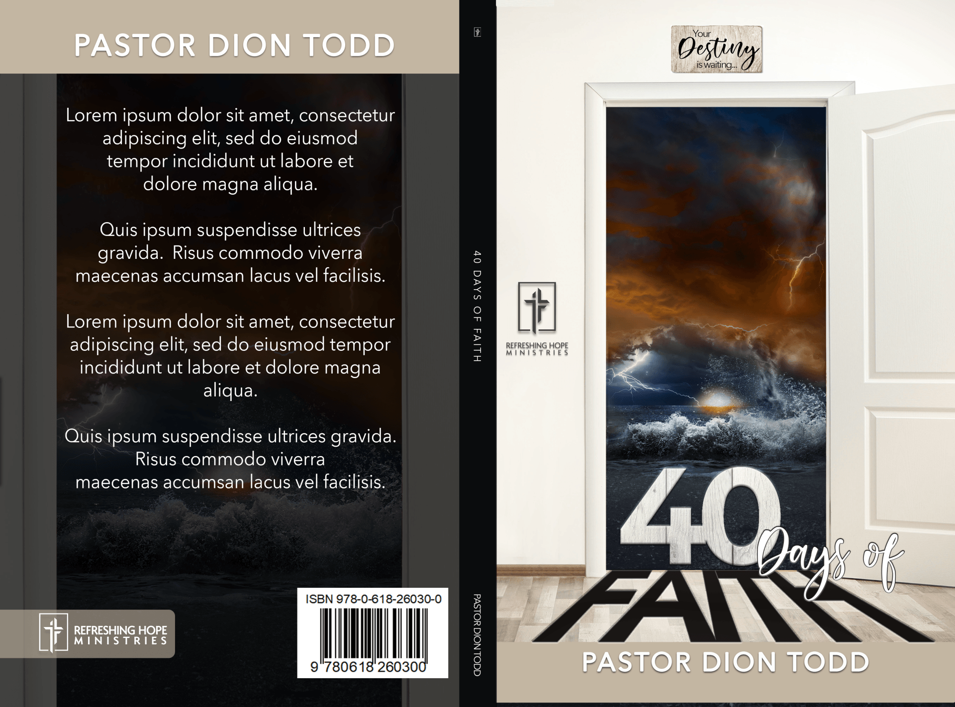 Book cover: Doorway with stormy ocean scene. 