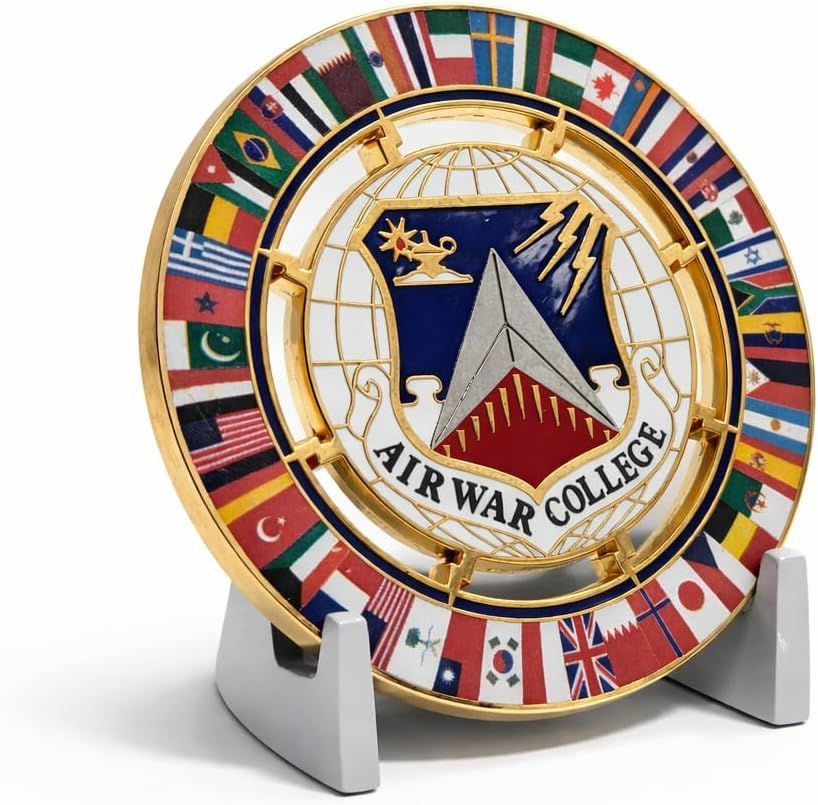 Air War College commemorative plate on a stand, with multicolor flag border and central crest.