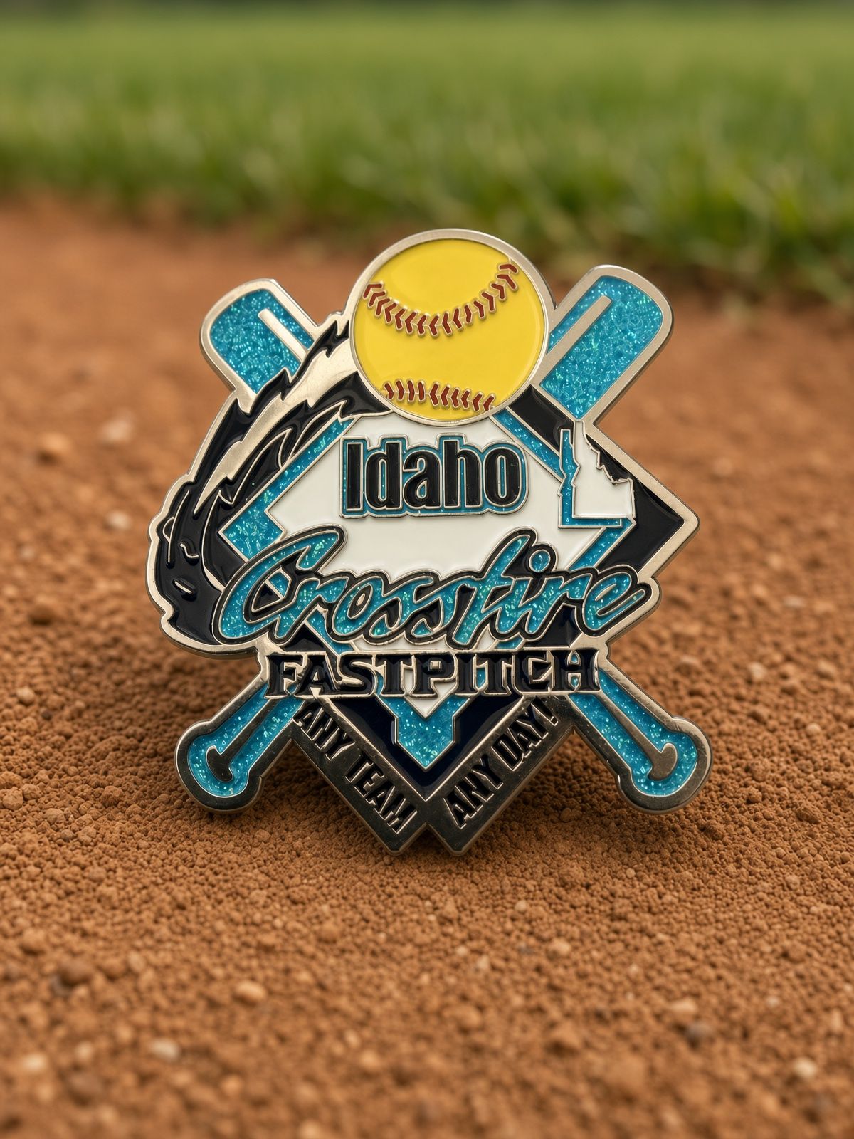 Idaho softball player pin on dirt, blue and gold with crossed bats and ball