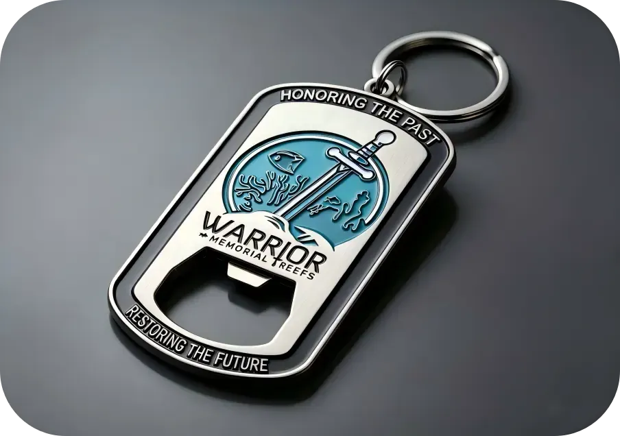 Silver military dog tag keychain with blue “WARRIOR” emblem on a gray background