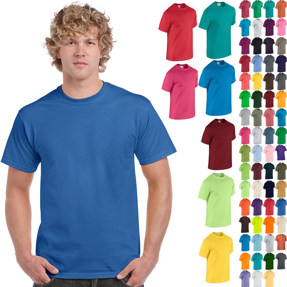 Blue t-shirt on a man, with multiple t-shirt color options shown on the right.