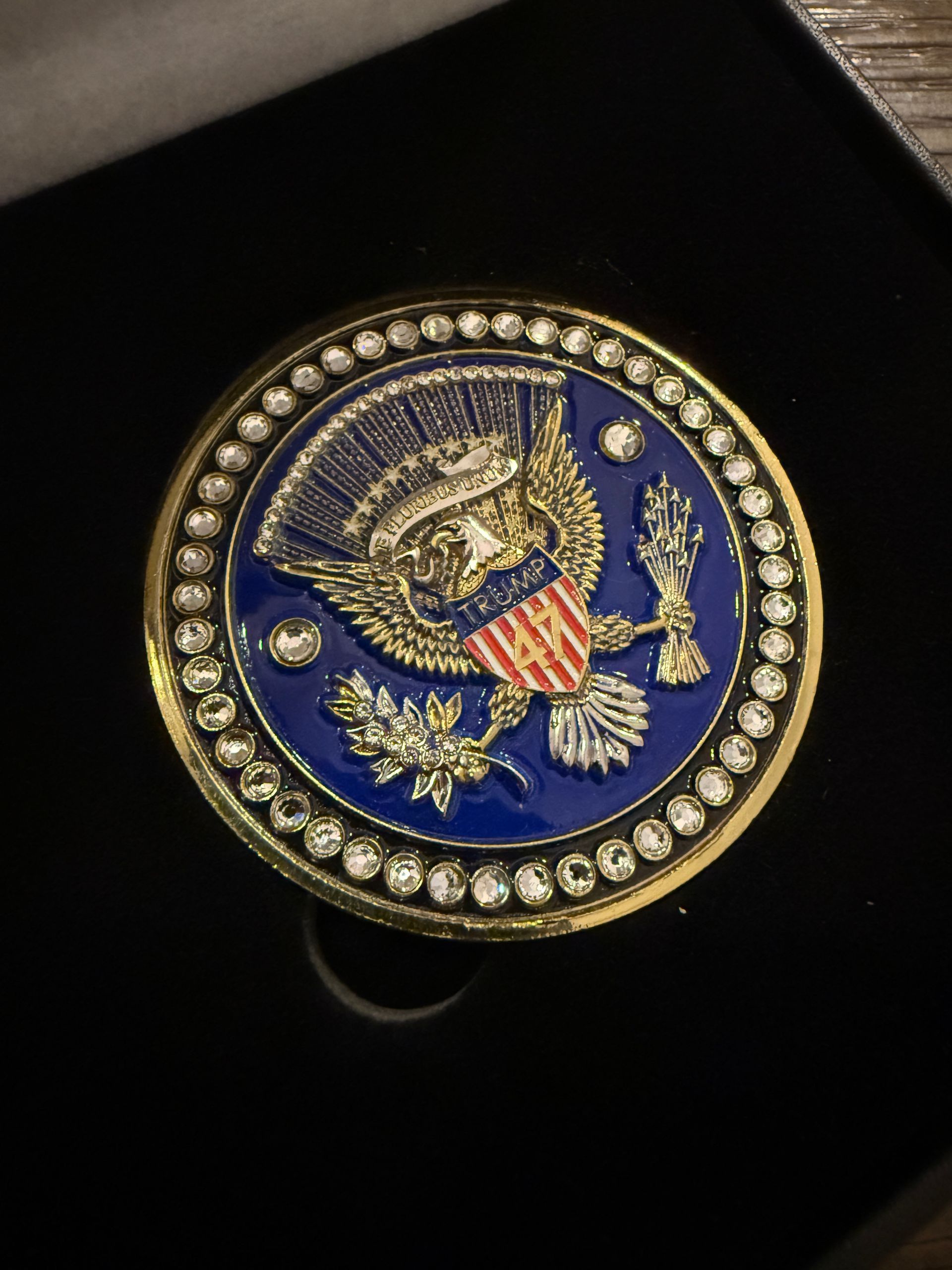 Round lapel pin with the U.S. presidential seal on a black box, in blue, gold, and red.