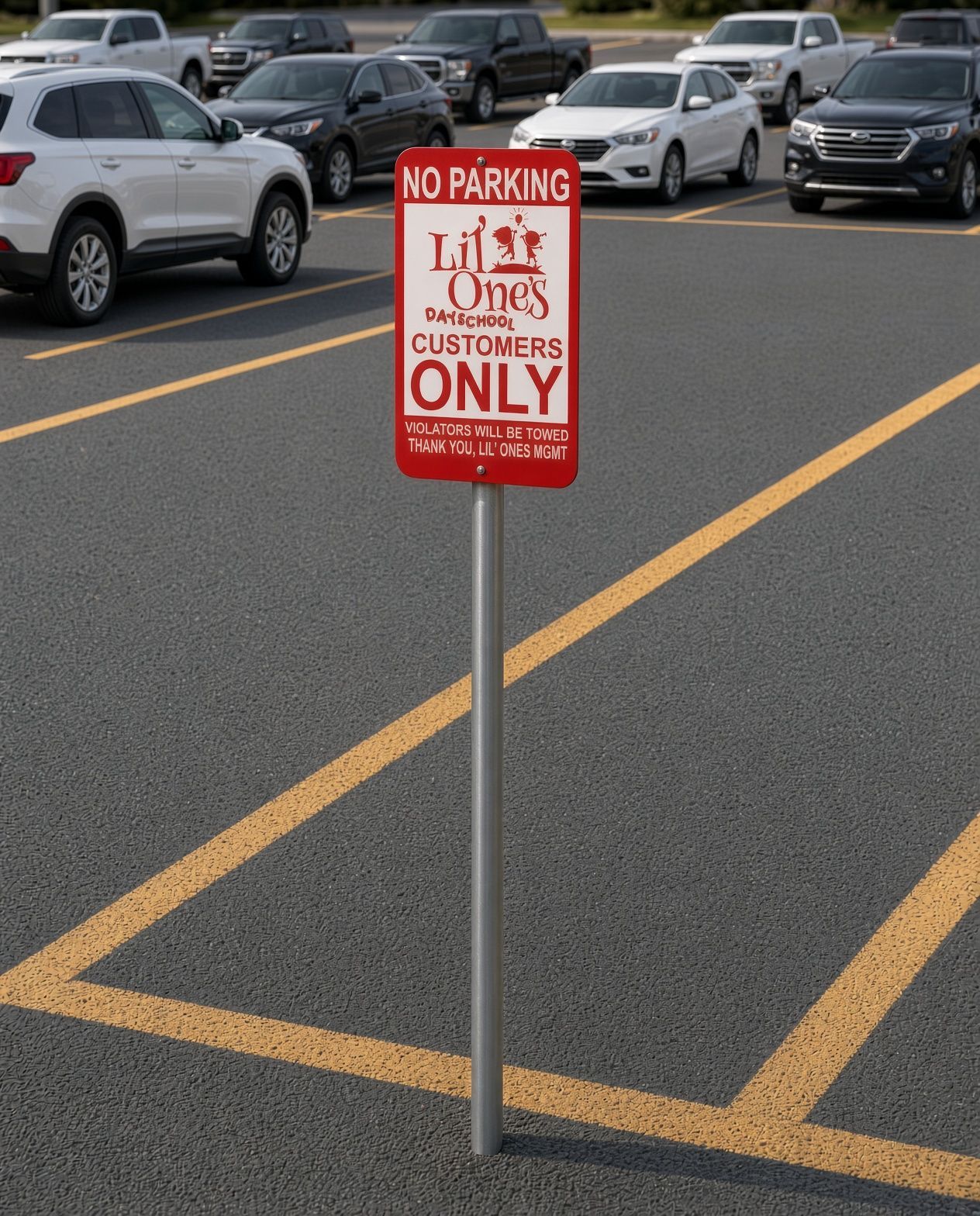 Red no-parking sign for Lil’ Ones daycare customers only, with tow warning at bottom.