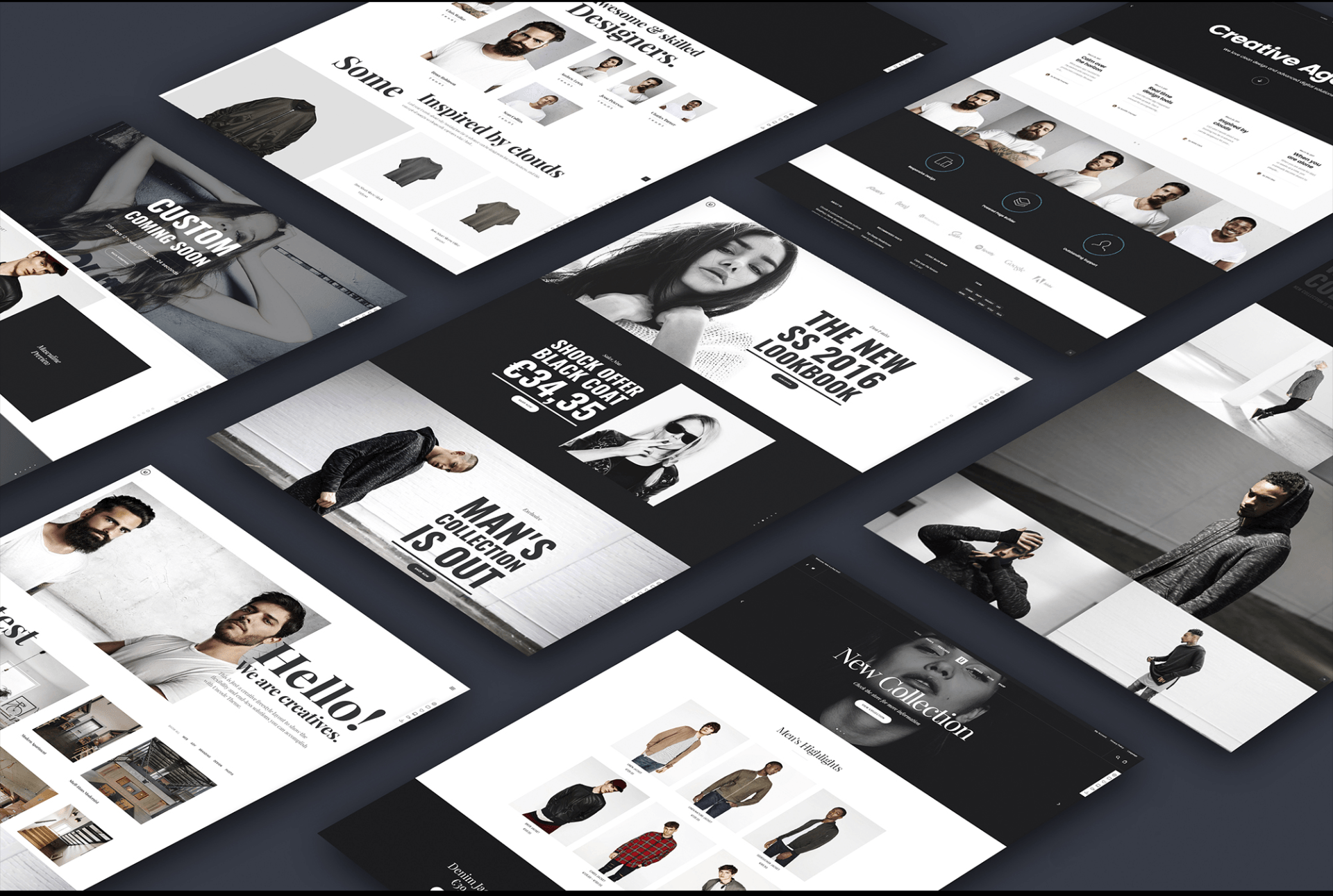 A grid of modern portfolio website mockups with black, white, and gray layouts on a dark background