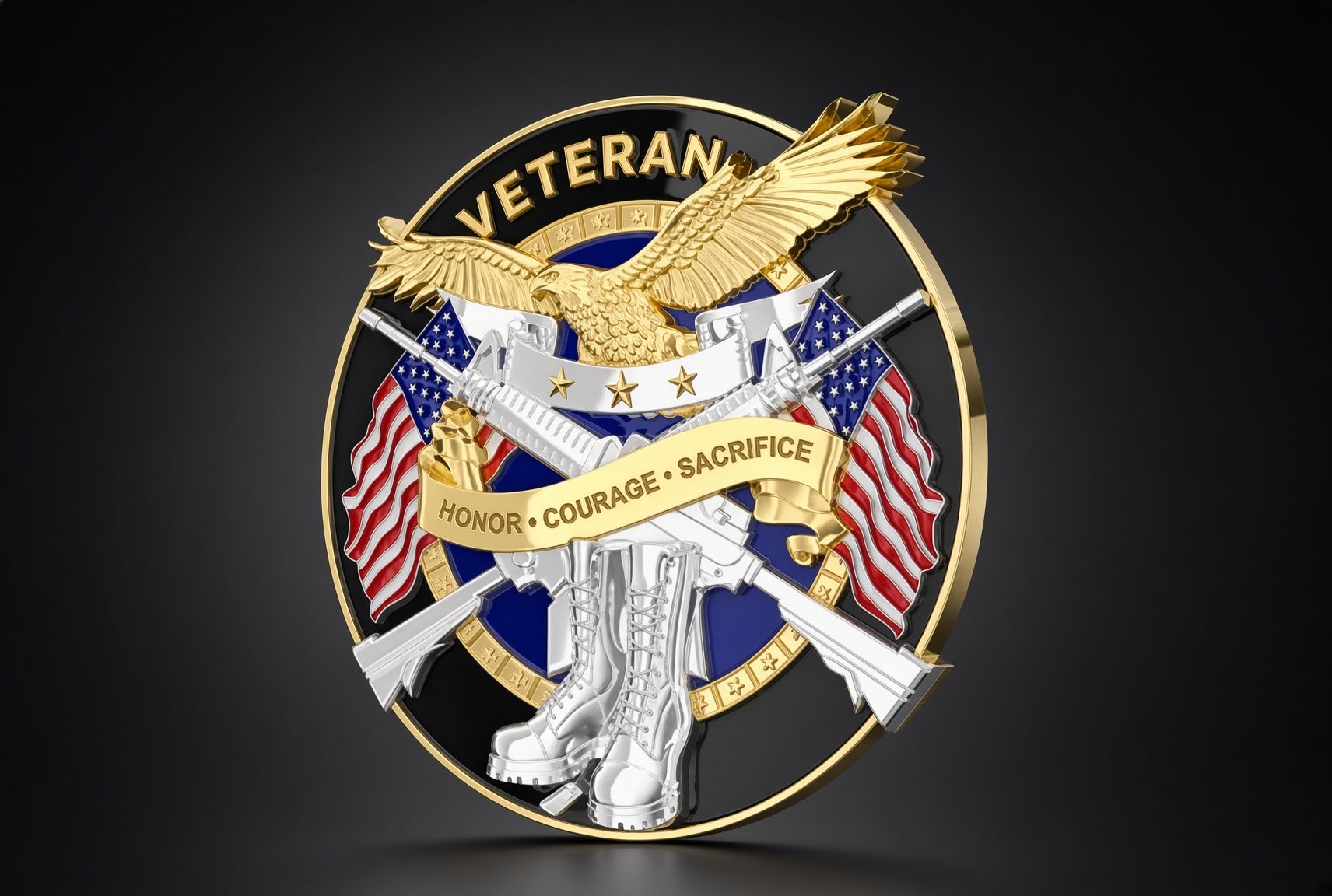 Veterans emblem with eagle, crossed American flags, and gold ribbon on black background
