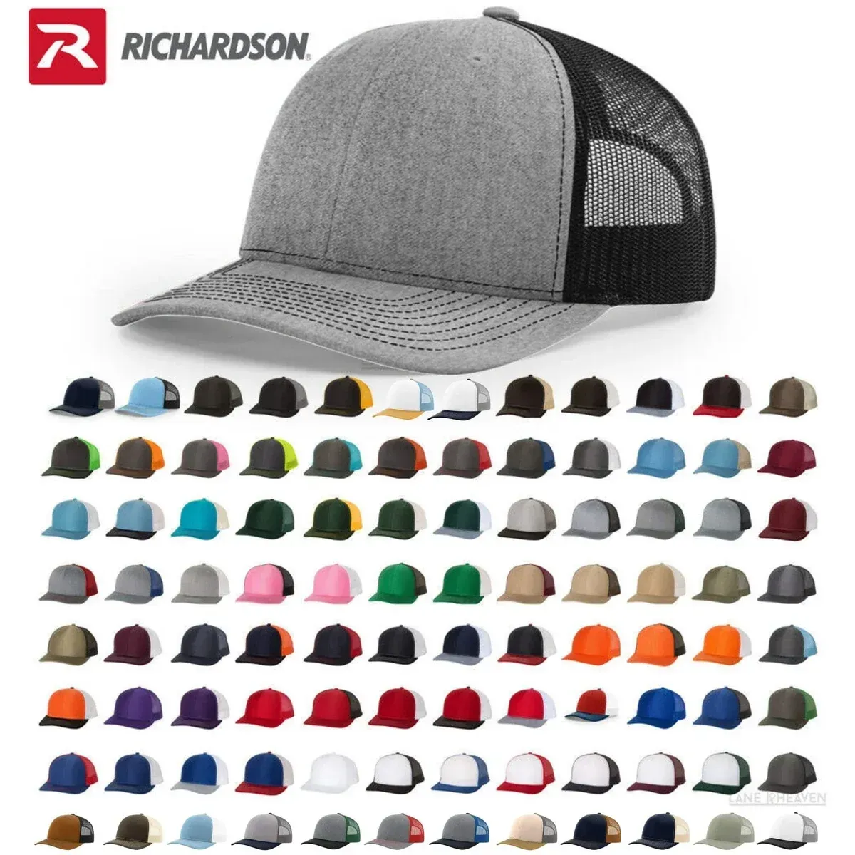 Gray and black mesh trucker cap shown above a grid of many color options