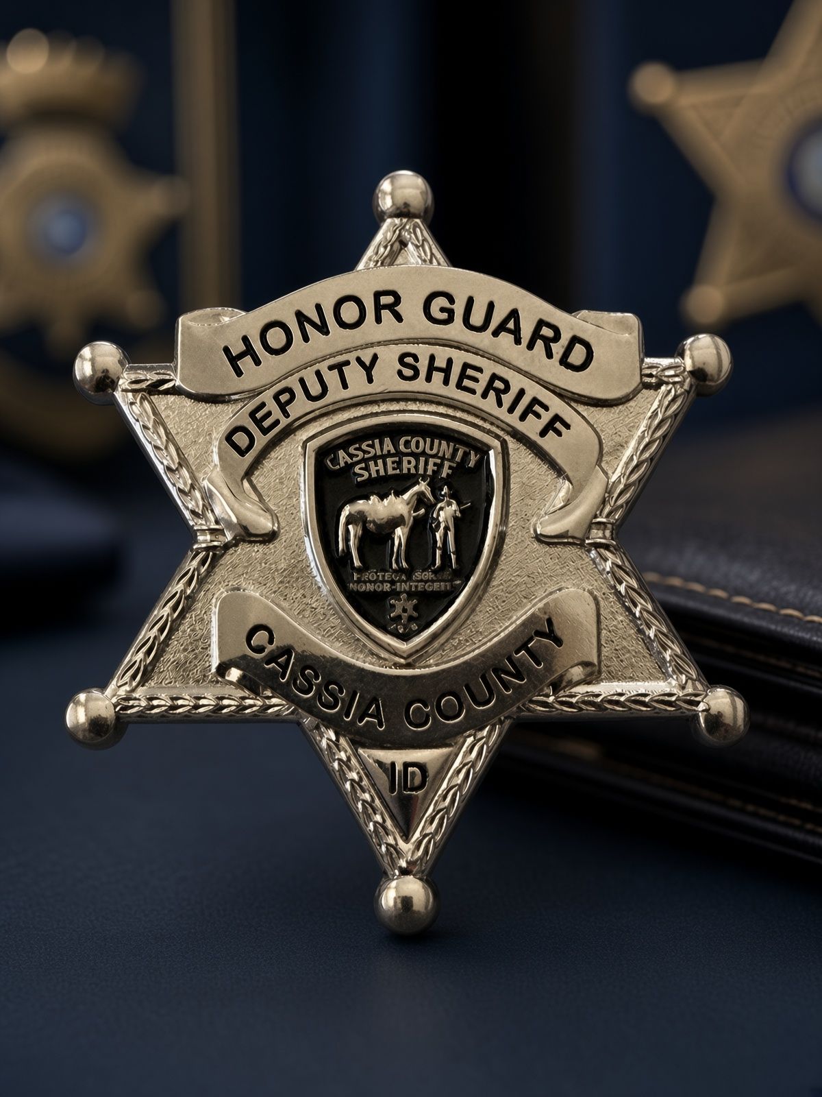 Honor Guard deputy sheriff badge on a dark surface, with a blurred badge in the background