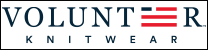 Volunteer Knitwear logo with blue text and red stripes on a white background