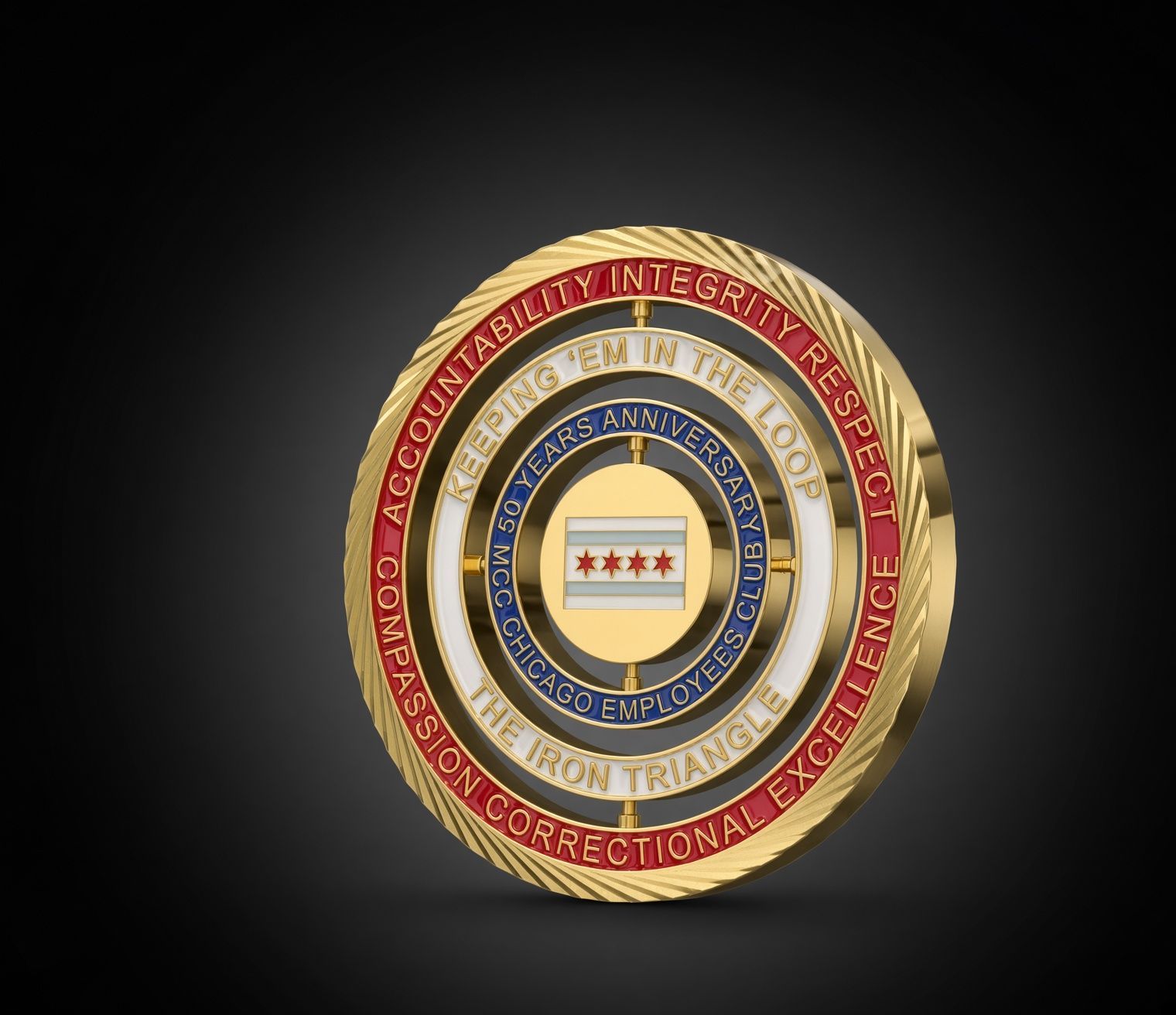 Gold and red circular seal/emblem with a star-centered crest on a black background