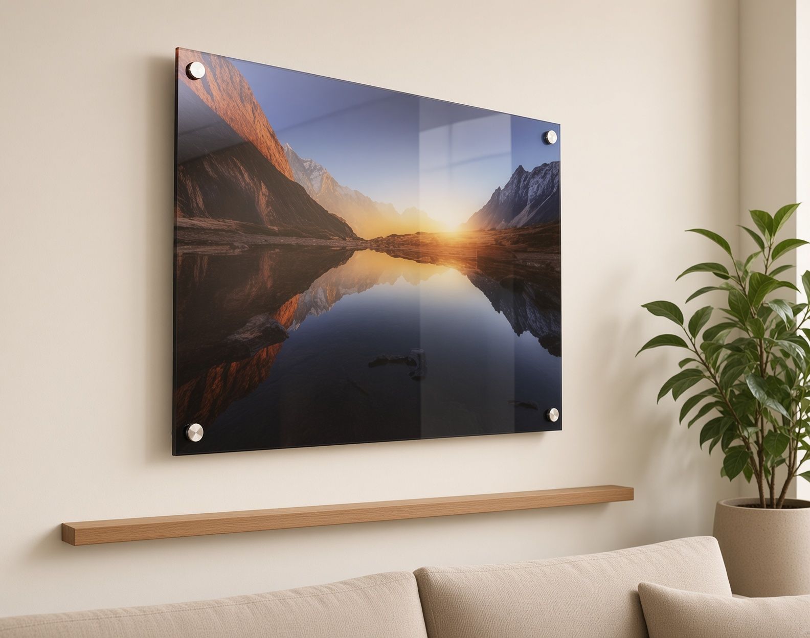 Mountain lake sunset print on a wall above a wooden shelf in a bright living room