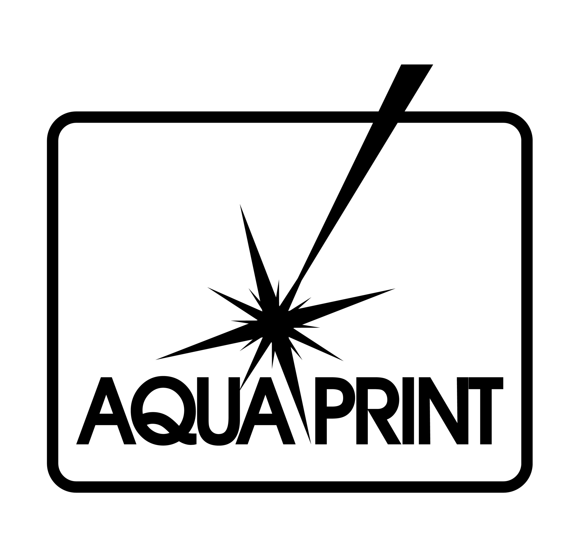 AQUAPRINT logo with a stylized starburst and diagonal black line inside a rounded rectangle