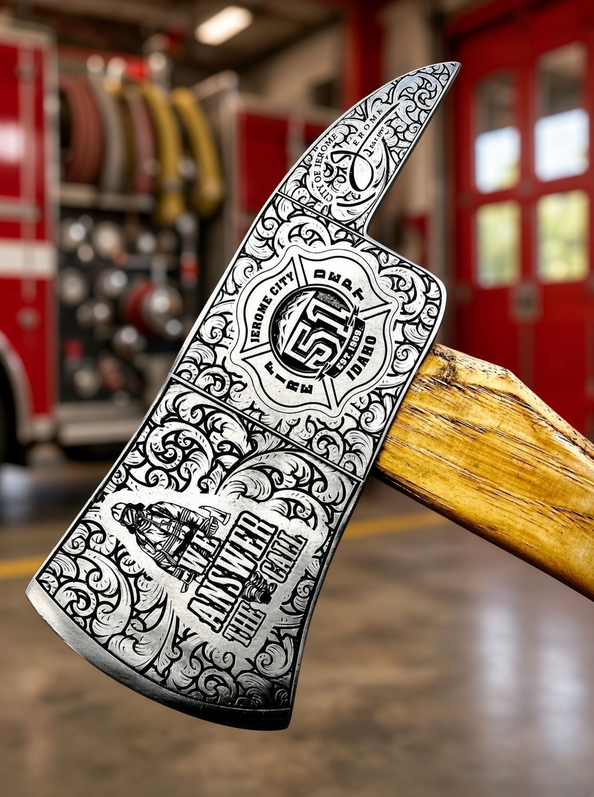 Illustrated axe head resting on wood and dark branches, with a sketch-style black-and-white design.