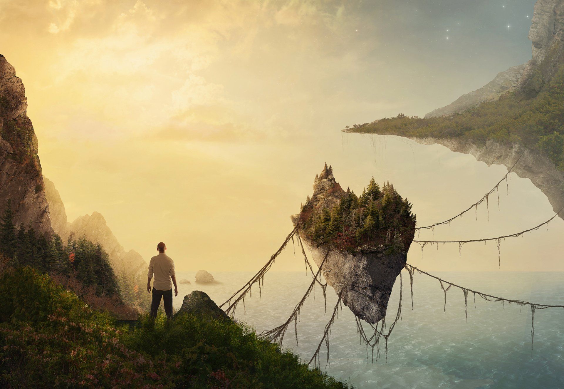 Person on a grassy cliff beside a floating island over water at sunrise, with rope bridges and mist.