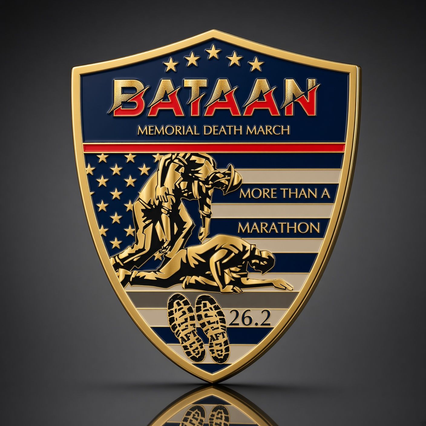 Bataan Marikathon shield logo with runners, stars, and gold-and-blue patriotic design