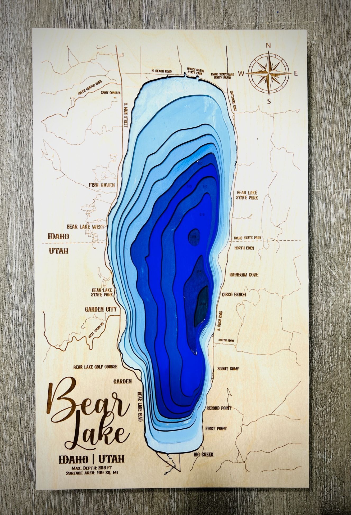 Blue layered topographic art map labeled “Bear Lake” on a light background.
