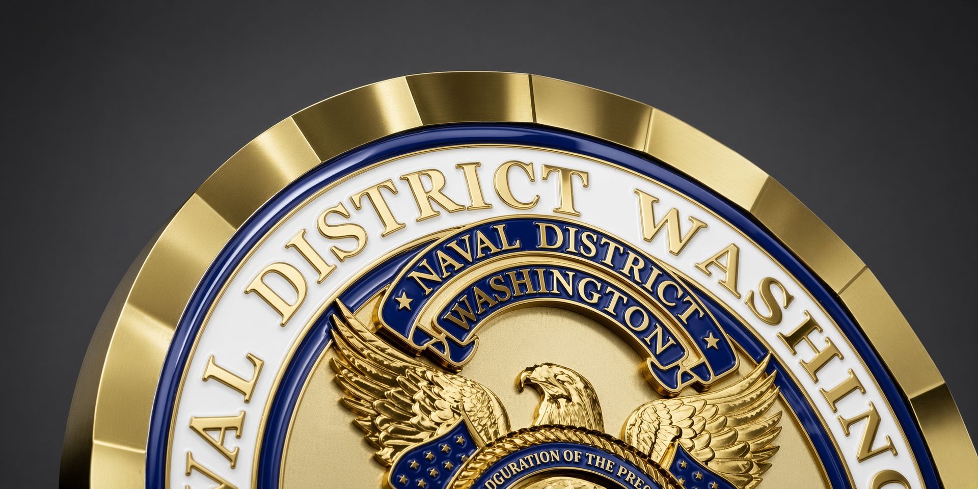 Close-up of a gold-and-blue District of Washington seal on a dark background