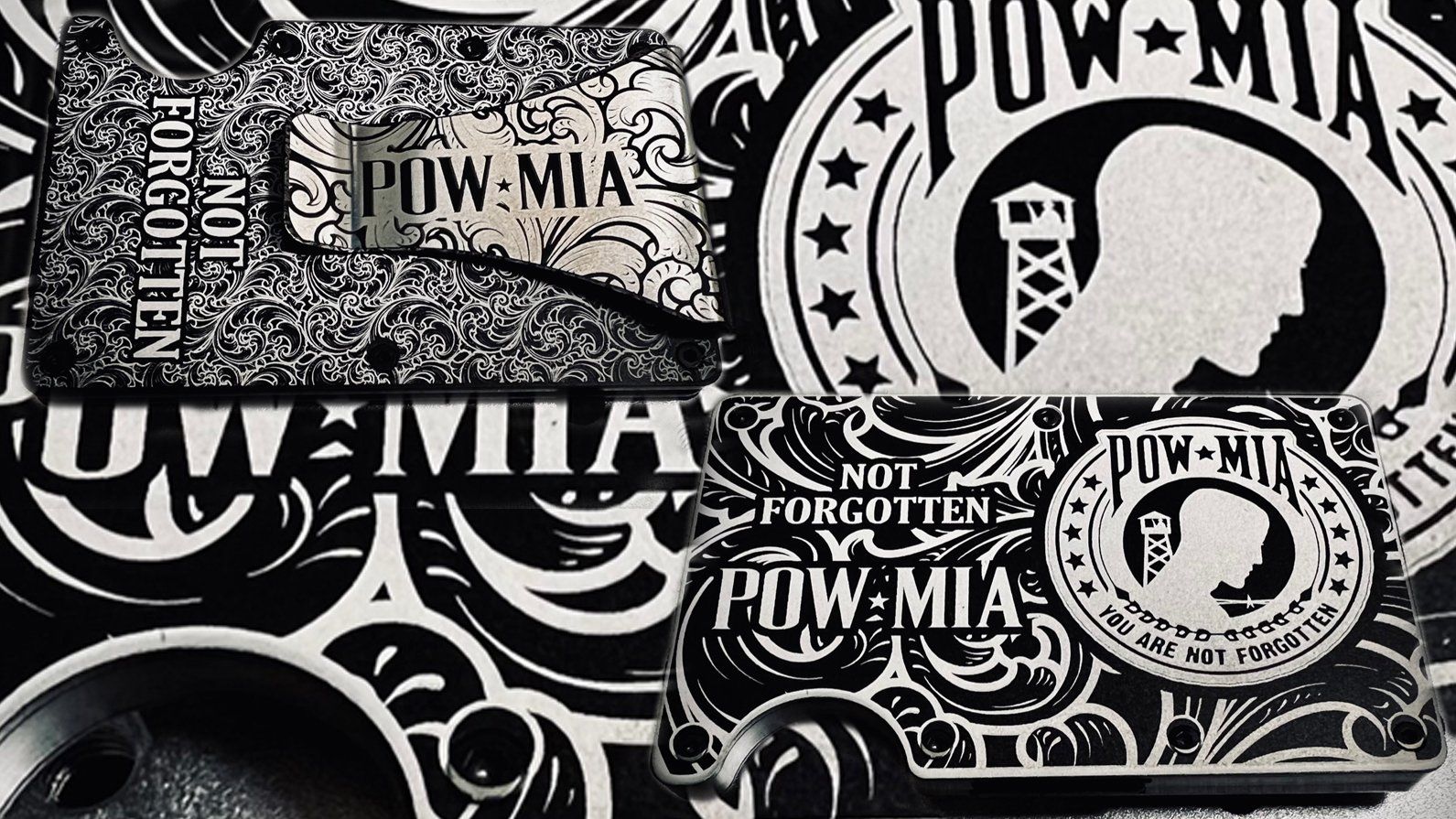 Black and white POW-MIA metal wallet cards and patches, featuring silhouettes, text, and circular emblems.