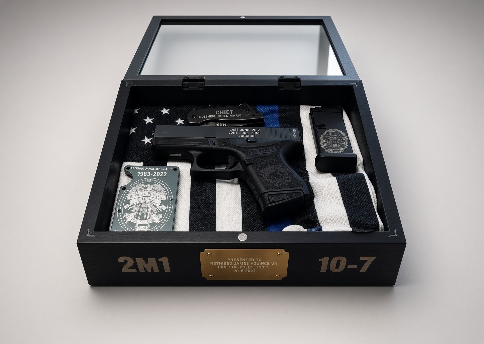 Open handgun, cash, and cards in a black box on a printed ABEB emblem background