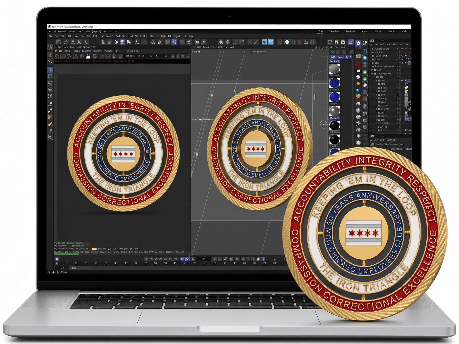 Laptop displaying a circular ornamental design in editing software, with a matching decorative plate in front