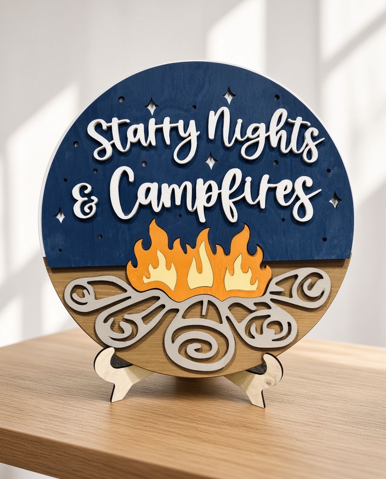 Round blue sign with “Starry Nights & Campfires” above a campfire and swirling tan design