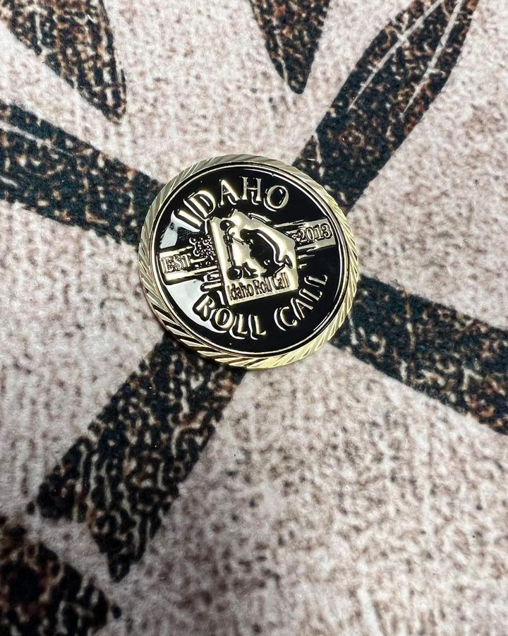 Gold and black Idaho Roll Call pin on patterned fabric.