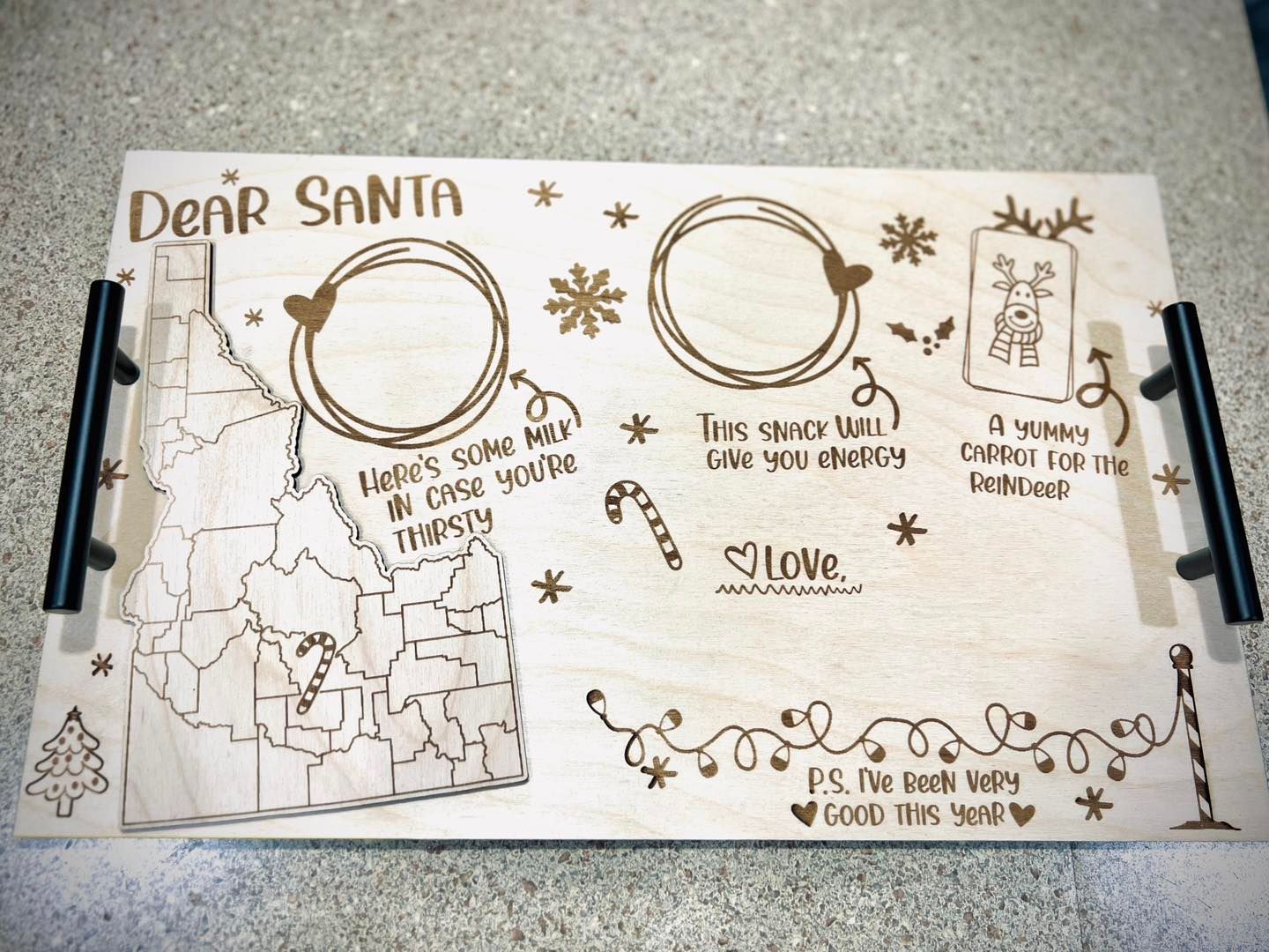 Handwritten “Dear Santa” letter template on white paper with festive doodles and blank sections to fill in.