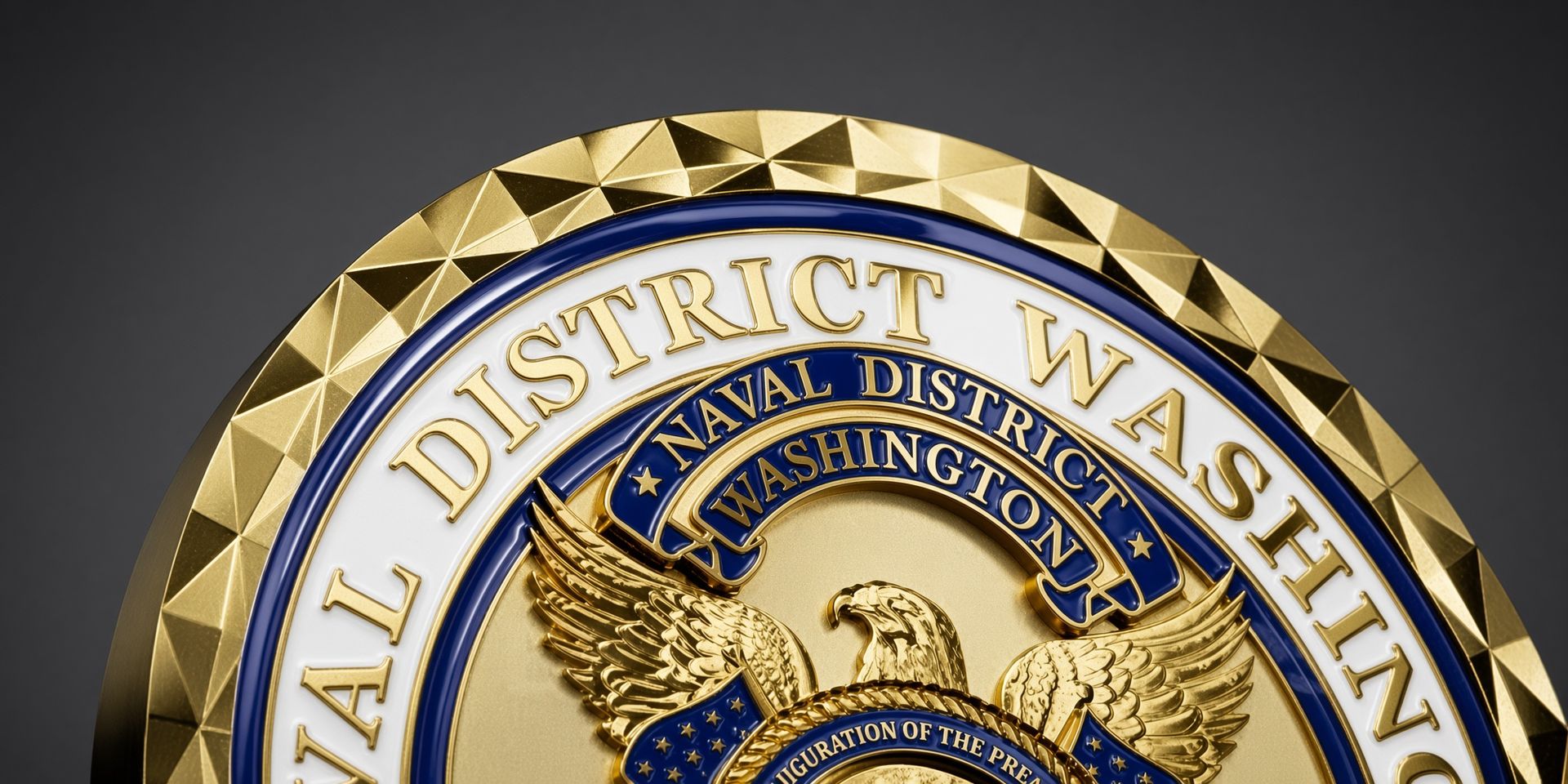 Close-up of a gold-and-blue District of Columbia seal with eagle and white text.