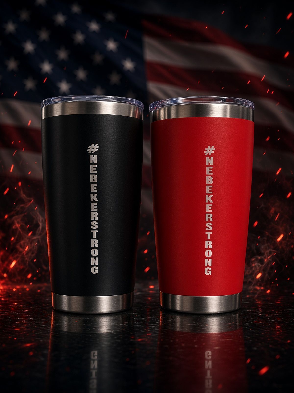 Two stainless steel tumblers, one black and one red, with vertical #NEBEMEKEASTRONG text on a metal table.