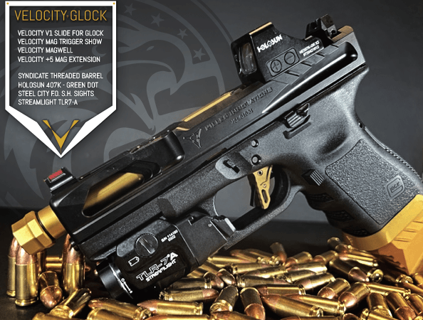 Black Glock pistol resting on brass bullets, with gold accents and product label