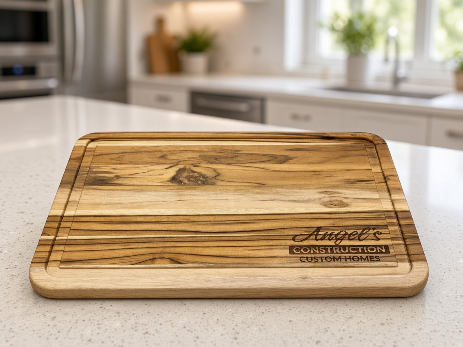 Wooden cutting board with rounded corners and dark engraved logo in the lower right.