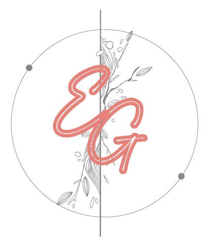Stylized coral E.G. monogram over a pale floral circle with a vertical line through the center