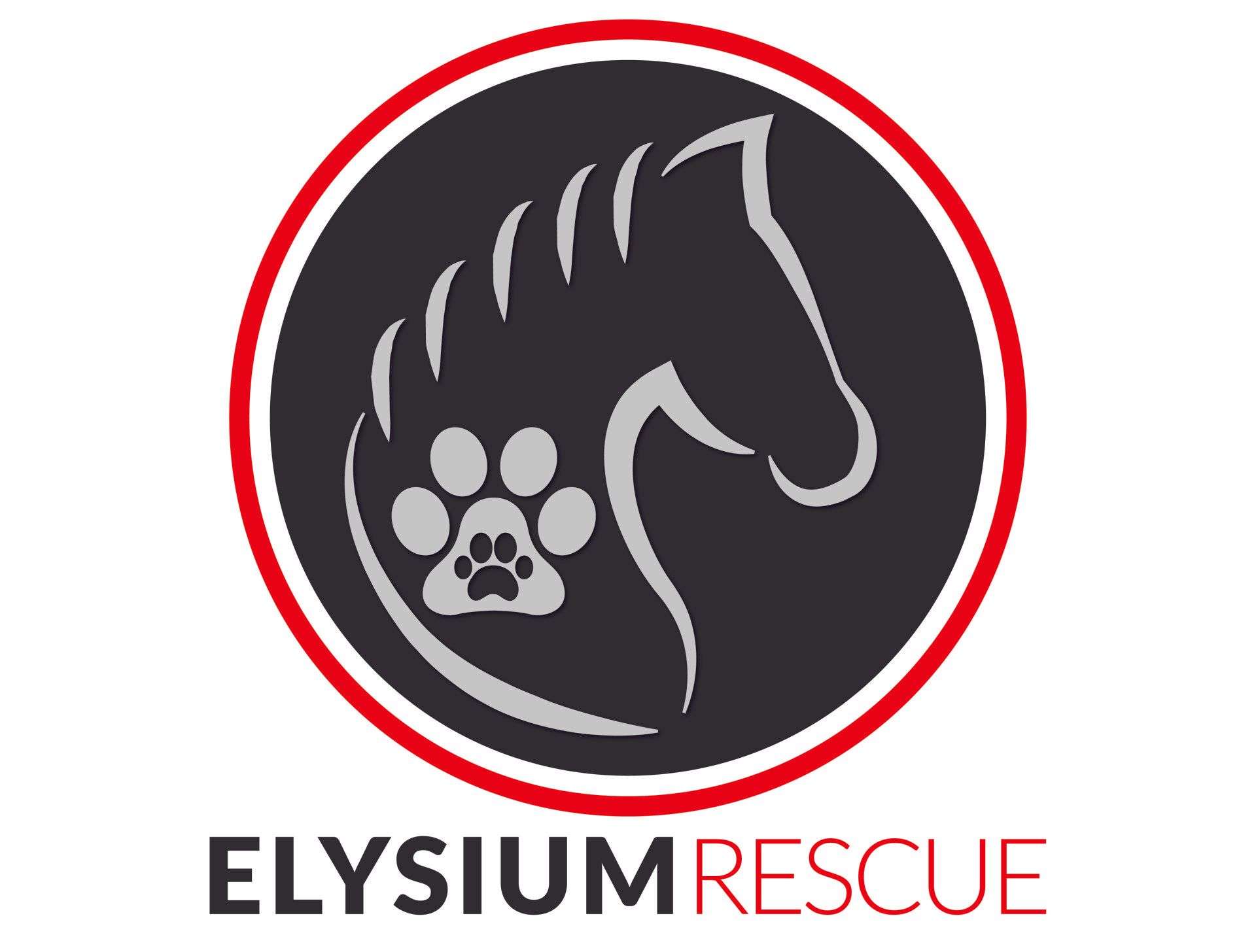 Elysium Rescue logo with a black horse head and paw print in a red and black circle
