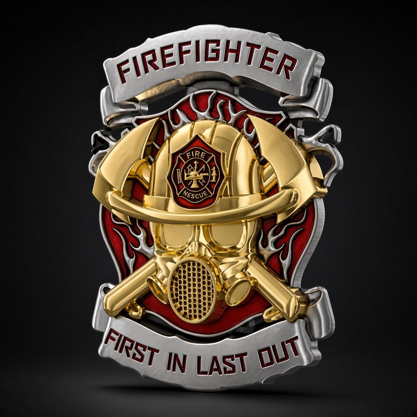 Gold firefighter helmet emblem with “FIREFIGHTER” and “FIRST IN LAST OUT” ribbons on a dark background