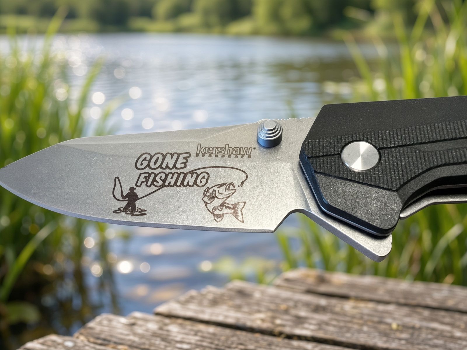 Close-up of a folding knife with a silver blade engraved “GOING FISHING” on a speckled surface