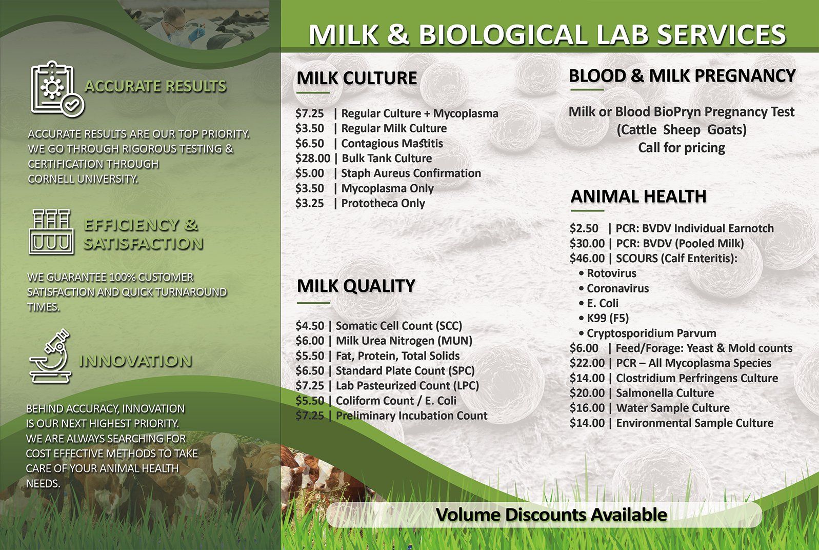 Milk & Biological Lab Services flyer with green and white sections listing milk quality, blood, and animal health tests