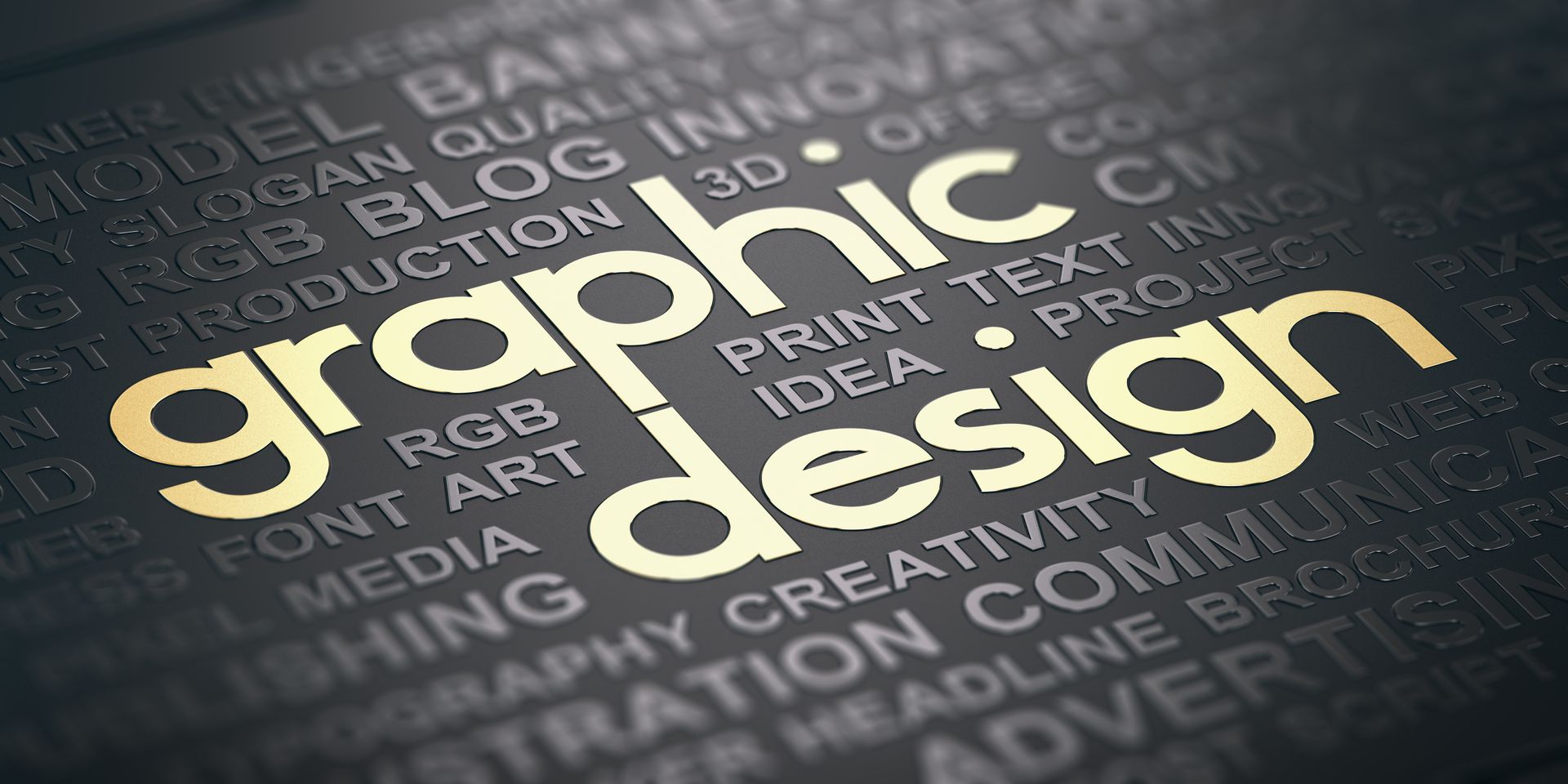 Stylized “graphic design” text in yellow on a dark background with related words faintly visible.